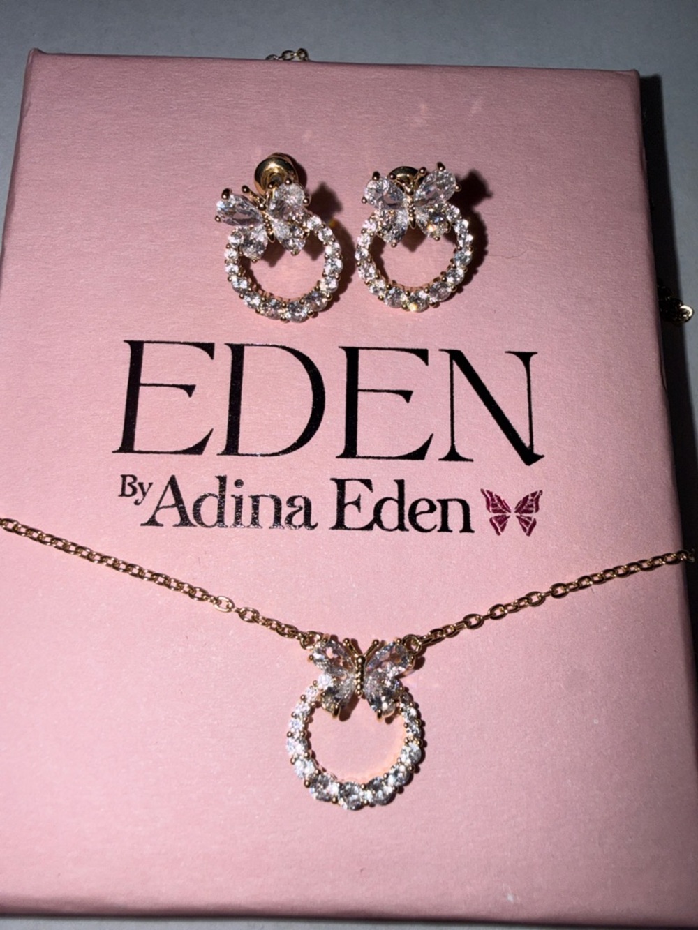 Adina Eden Rose Gold Butterfly Circle Necklace with Matching Studs